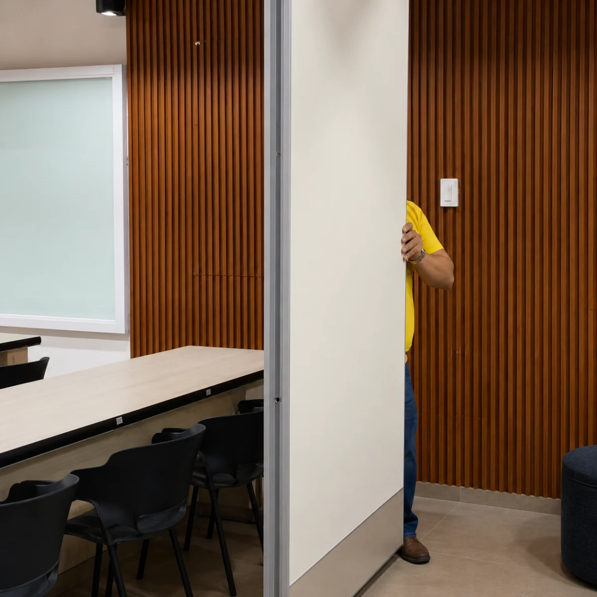 Sliding wall reconfiguring a space